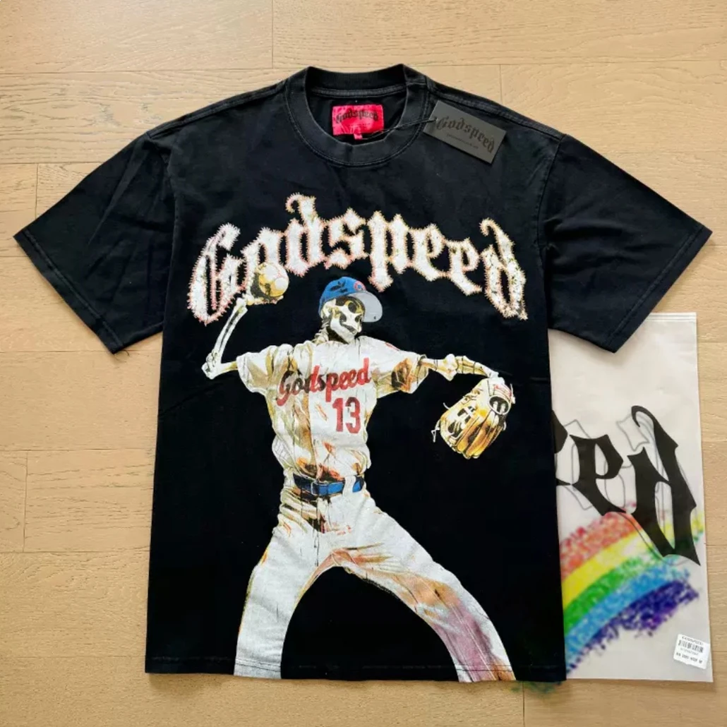 Godspeed Short Sleeve T Shirt Creative Skull Baseball Catcher T-shirt God Speed Oversized Casual Top Tee Streetwear