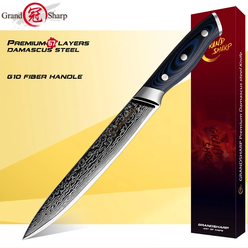 

Кухонный нож шеф-повара, японские ножи из дамасской стали для резьбы и нарезки рыбы, кухонные приборы, кулинарные инструменты VG10, с синей ручкой из нержавеющей стали
