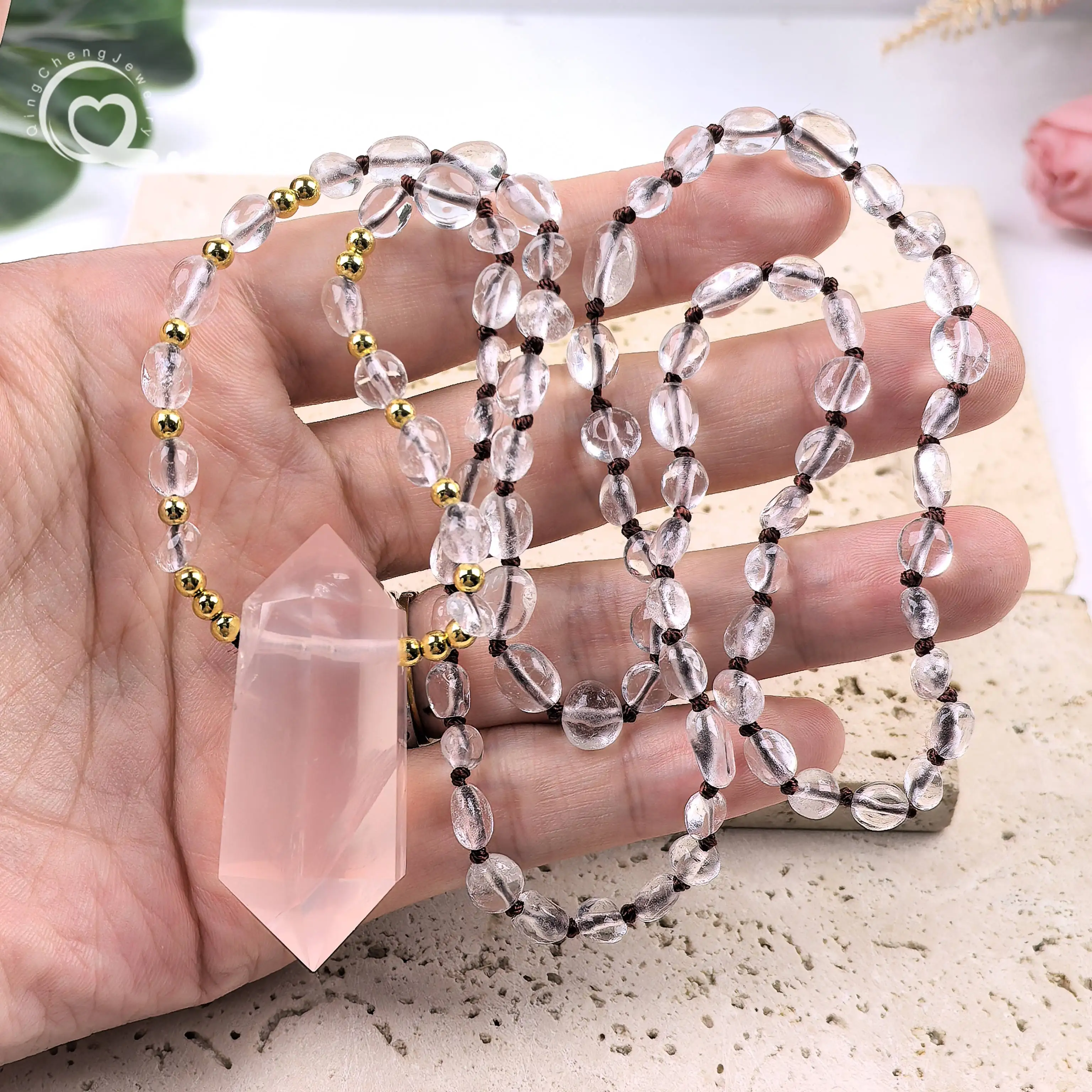 شقرا كريستال الكتلة الخرز اليوغا مالا الصلاة القلائد روز كوارتز نقطة مزدوجة قلادة معقود اليدوية النساء المجوهرات ، QC0211 #1