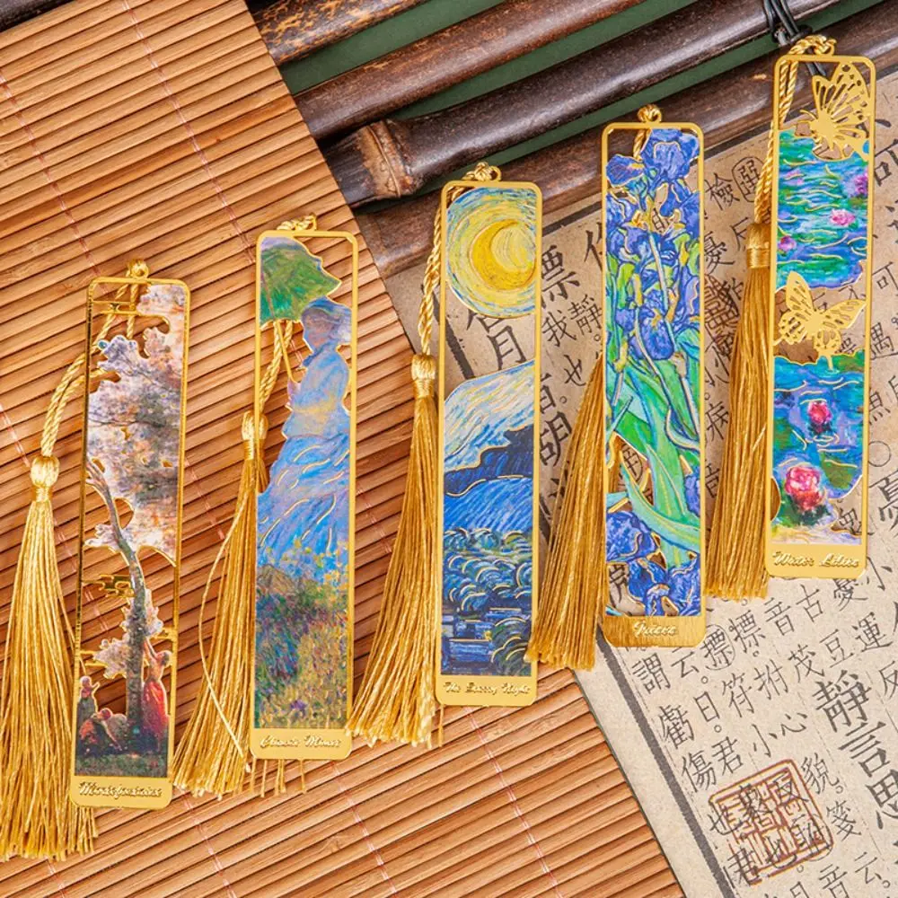 Oil Painting Metal Bookmark Student Gift Hollow Reading Book Clip School Office Supplies with Long Tassel Pagination Mark