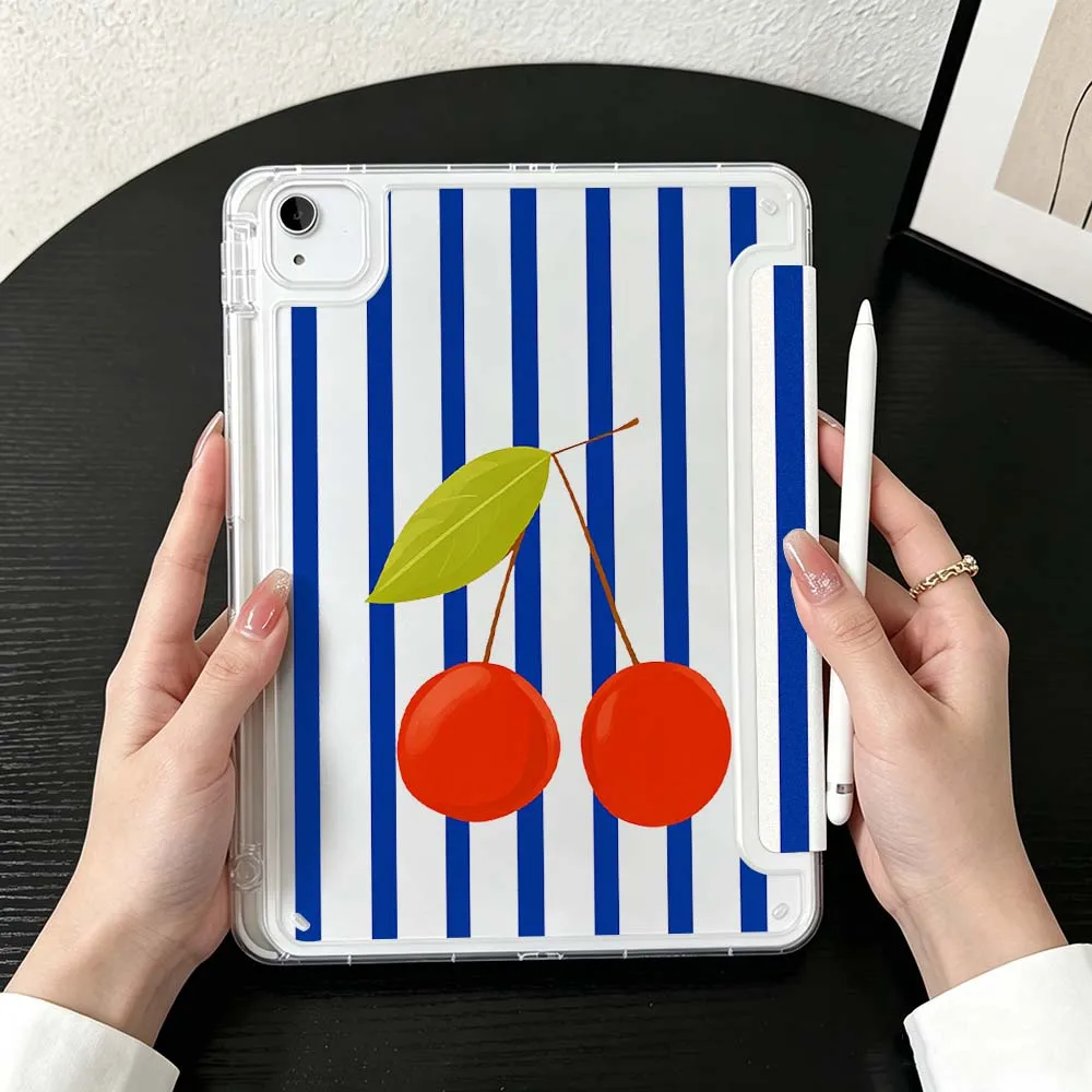 Cartoon Fruit Stripes Case For iPad Mini Pro Air 5 6 7 8 9 10th 11th 11 9.7 10.9 13 inch Transparent Y-Shaped Folding Tablet