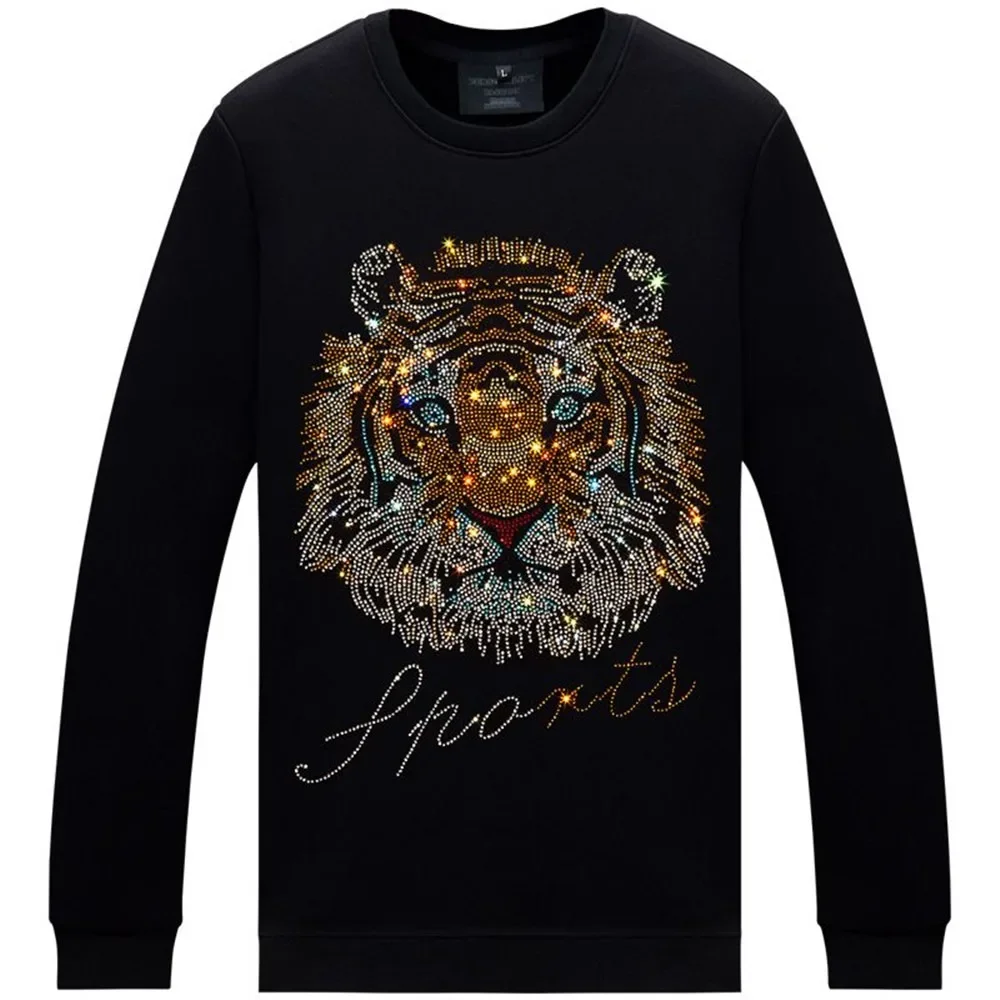 Trendy Tiger Head Bright Diamond Tops Slim Fit Casual Round Neck Versatile Clothes Base Shirt New Men's Long Sleeve T-Shirt 1