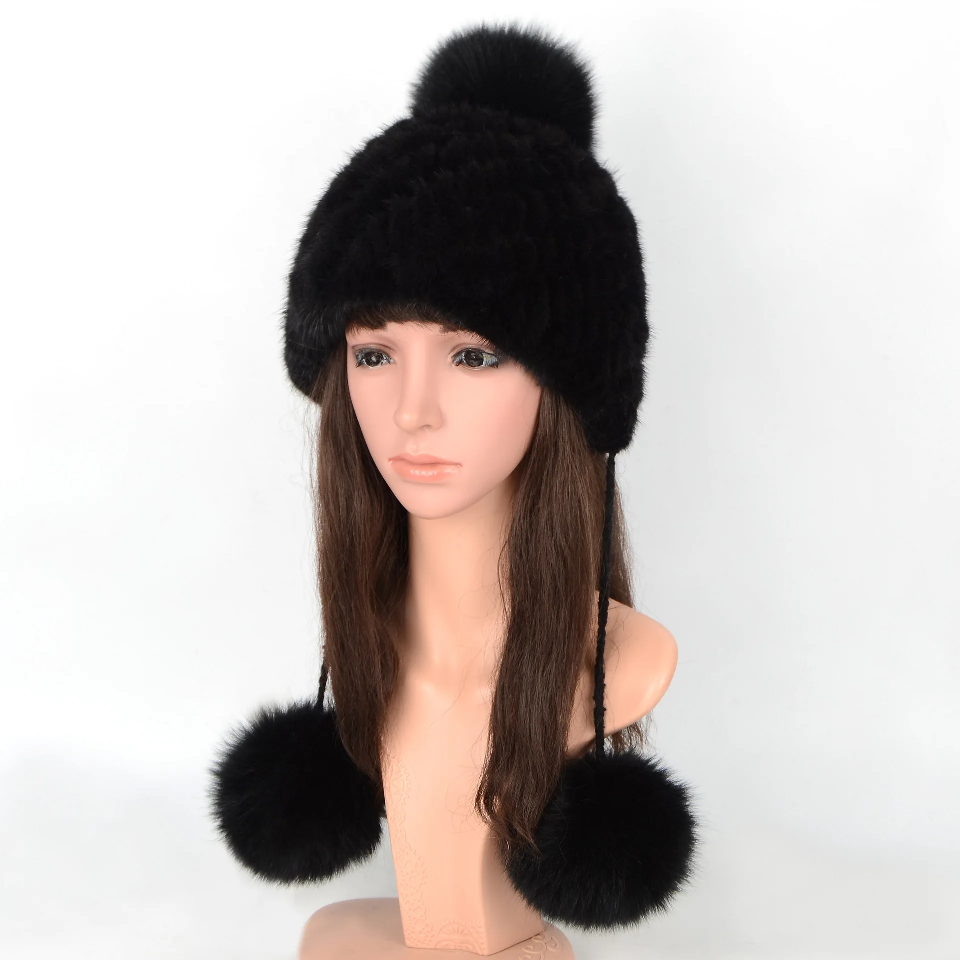 

Fox Fur Ball Mink Woven Fur Cap Winter Women's Ear Protection Cute Leather Warm Female Hat