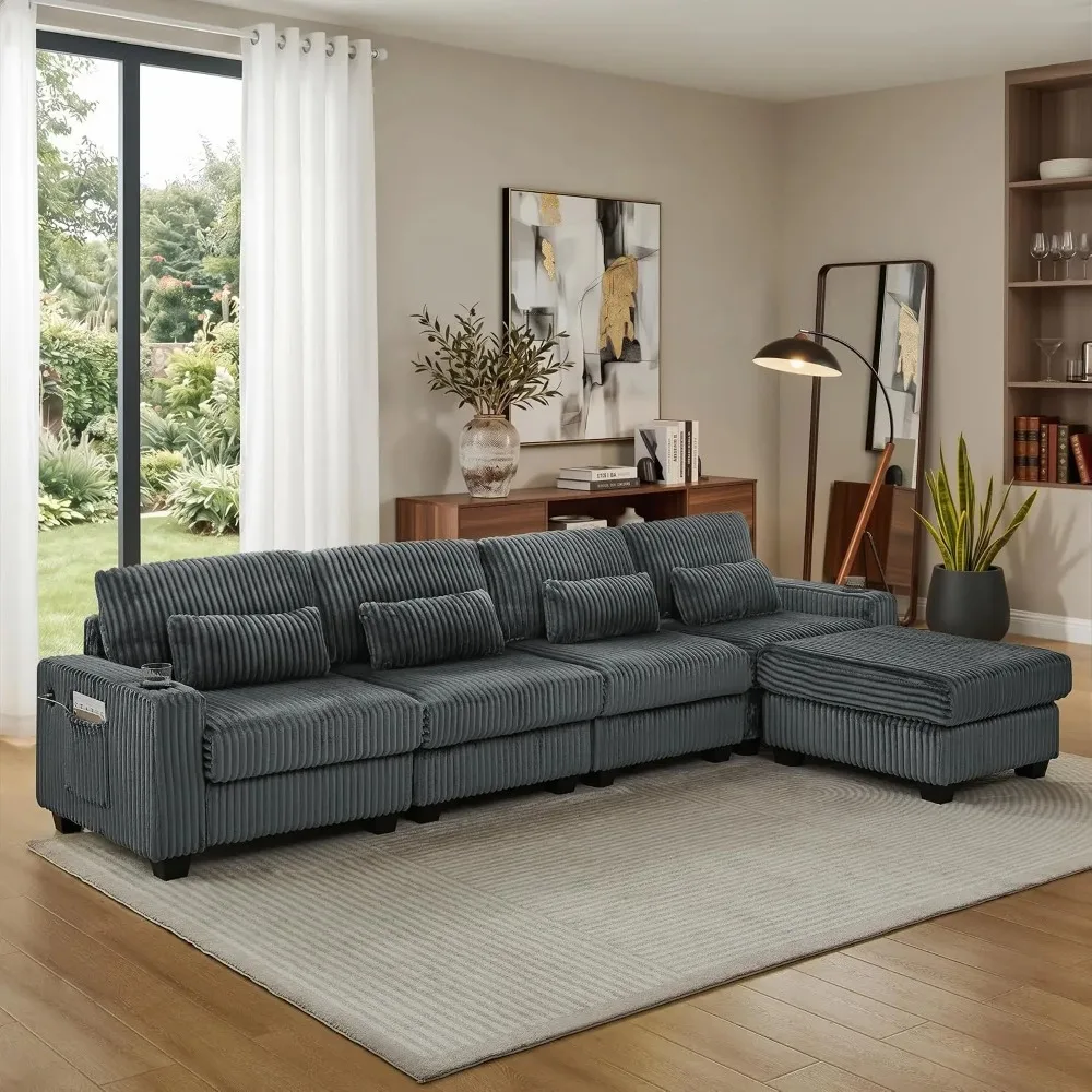L-Shaped Corduroy Sectional Sofa with Ottoman, Dark Gray | Modular design for custom layouts, built-in storage pockets, Custom