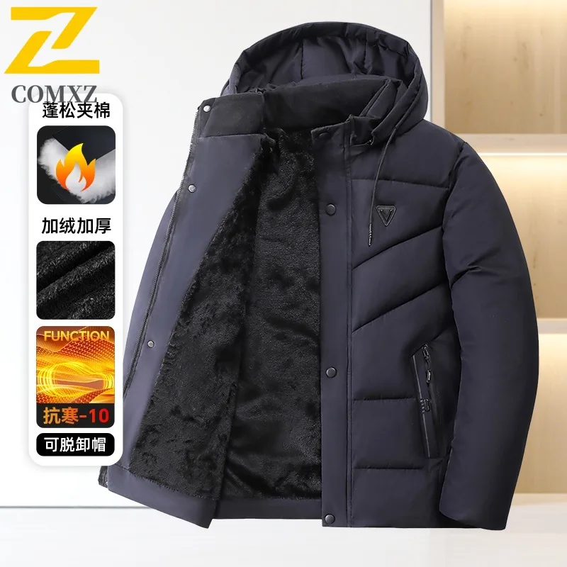 

COMXZ 2025, зимняя мужская повседневная толстая съемная куртка с меховым воротником, теплая парка, высококачественное морозостойкое стеганое пальто средней длины с капюшоном