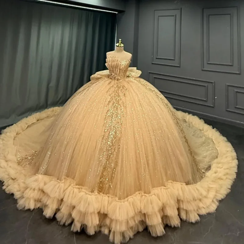 

Shiny Light Champagne Quinceanera Dress off-shoulder Glitter Decal Layering Long tail Bow vestidos de 15 Quinceanera ﻿Customize