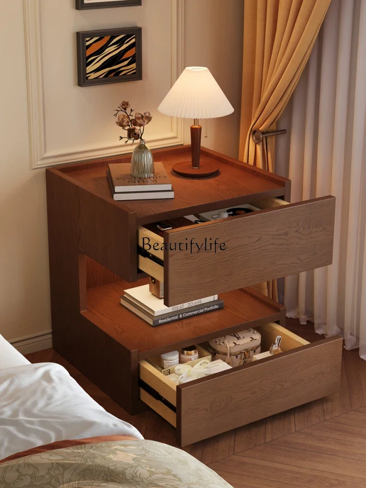 

yj32 American Retro Bedside Table Solid Wood Storage Walnut Color French Storage Cabinet
