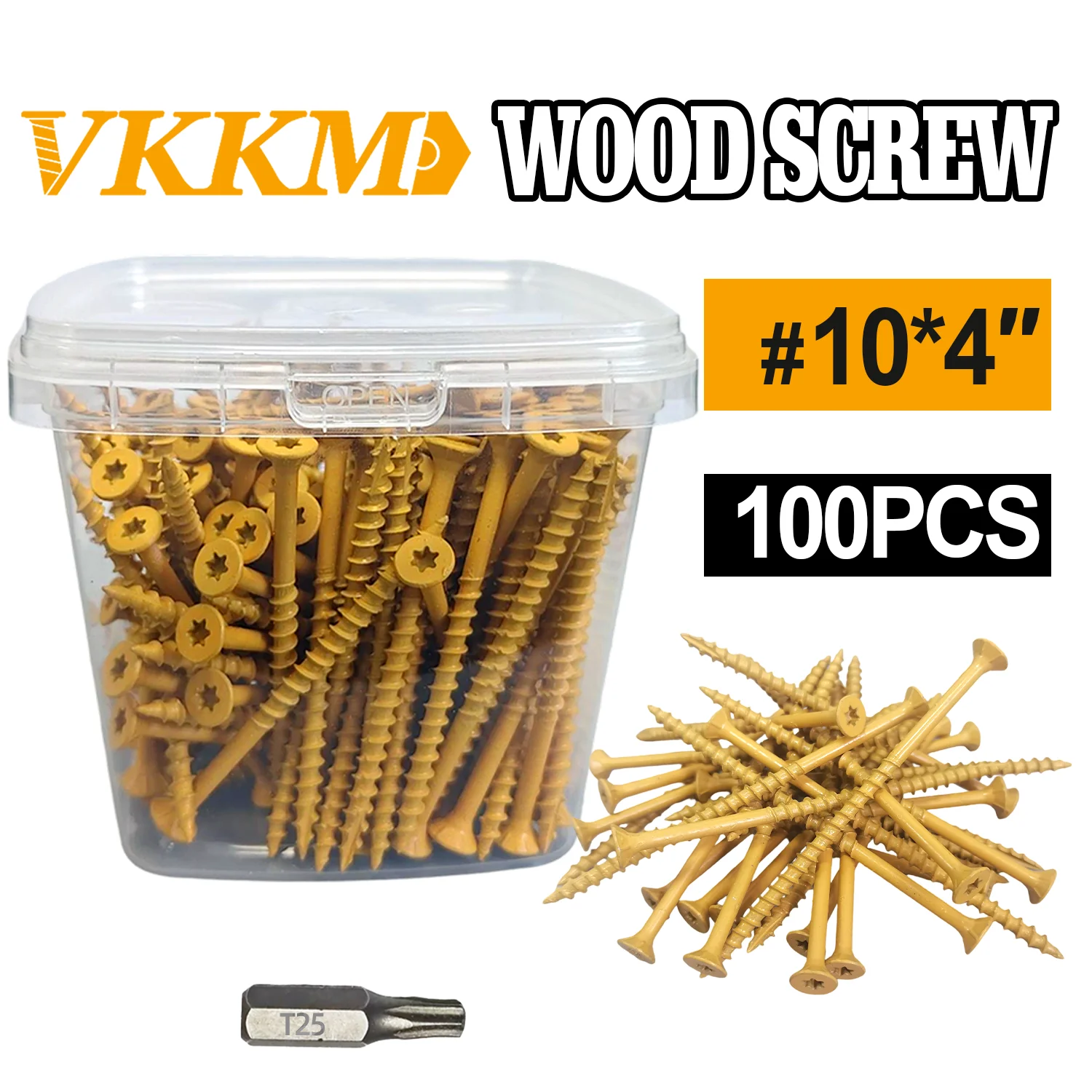

VKKM 4-inch Deck Screws, Wood Screws #10*4, 100 Pieces, Anti-rust Epoxy Resin Coating, Including Torx T25 Drive, Yellow