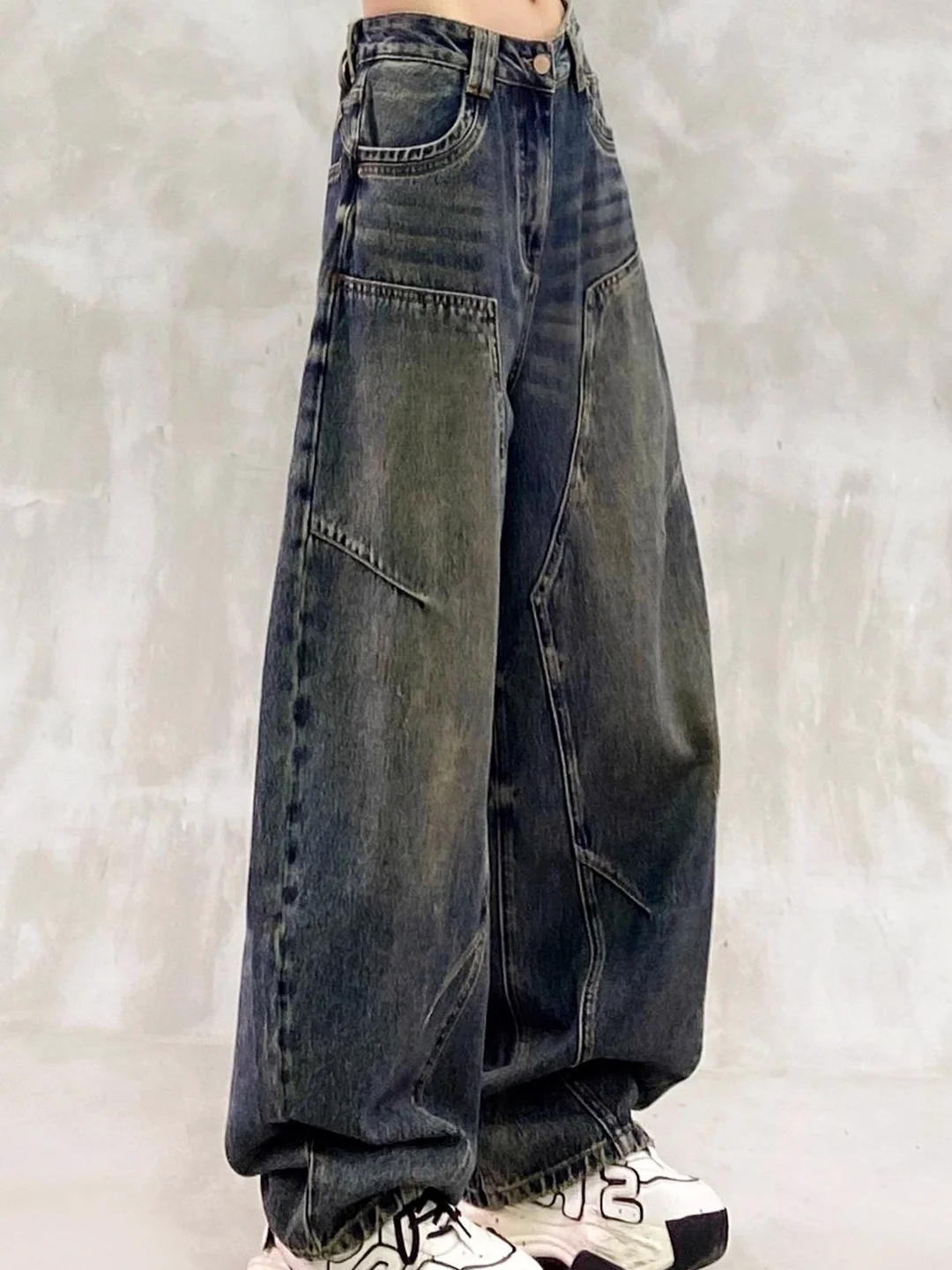 

Retro Casual Patchwork Design High Waist Straight Leg Jeans Autumn New Sle Ele Knife Pants Women's Faion Denim