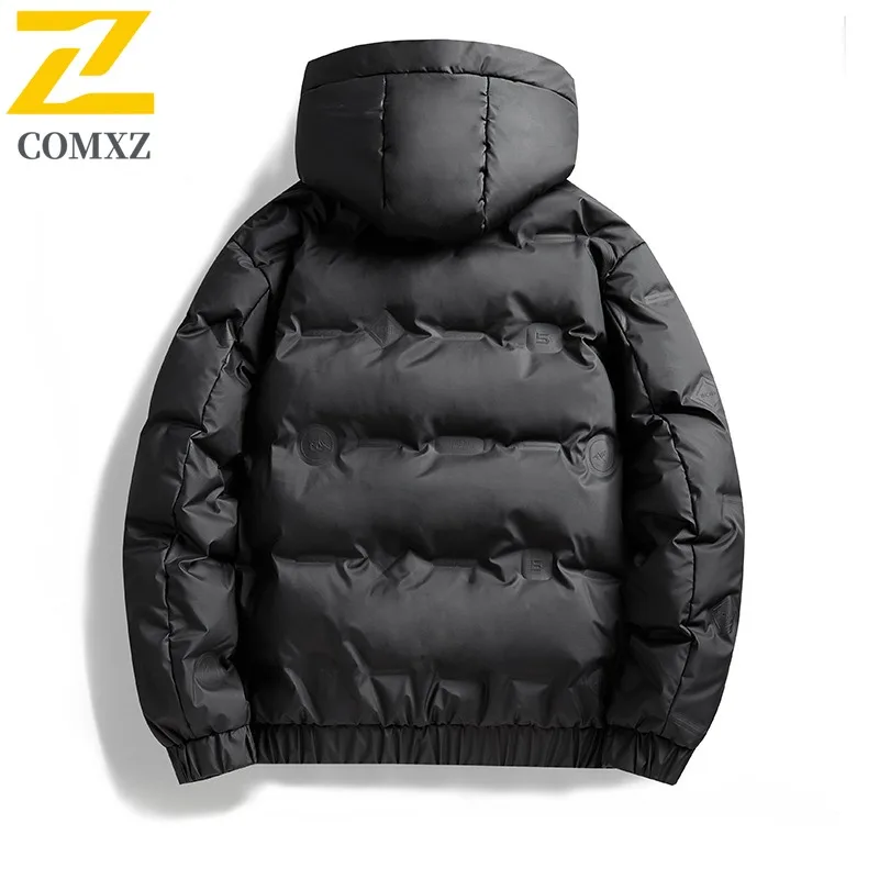COMXZ 2025 Men Winter Hooded solid color Puffer Jacket American Style Waterproof Windproof Casual Outdoor Sport Coat Windbreaker