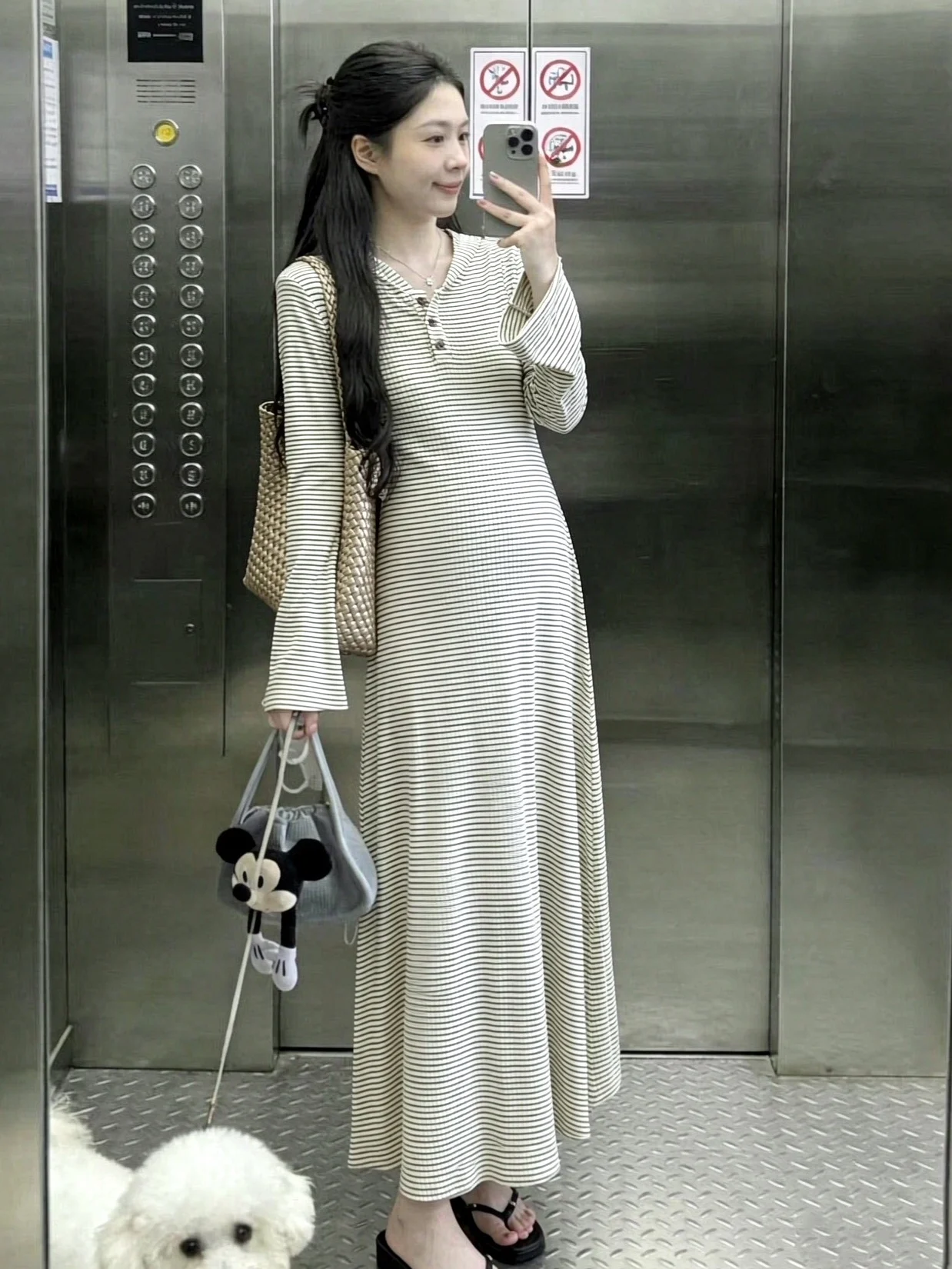 maternity-dress-korean-style-long-sleeve-a-line-skirt-with-hat-striped-pattern-for-pregnant-women-autumn-new-arrival-slimming