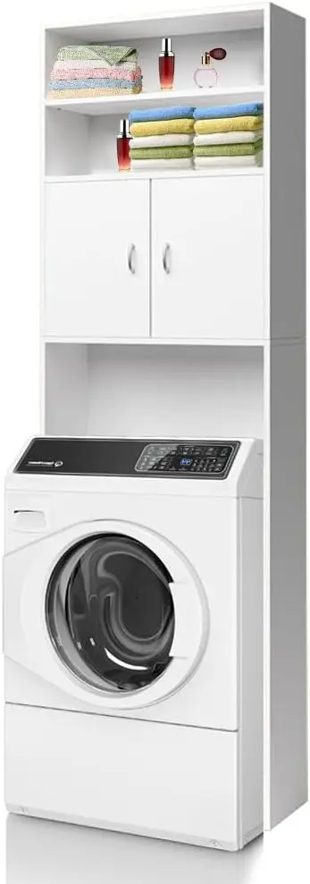 Mobile per Lavatrice da Bagno Lavanderia Salvaspazio, Mobiletto Armadio a Colonna, 3 Mensole e 2 Ante, Armadietto Legno B