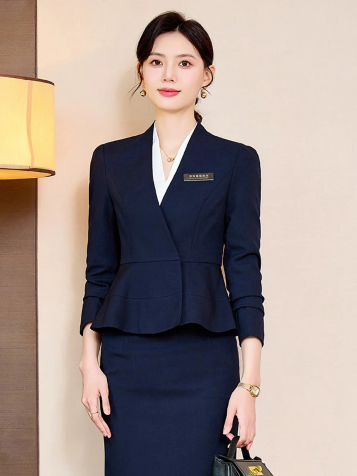 Cobalt Blue V-neck Suit Set Women's Spring Autumn Professional Formal Workwear Elegant Waist-cinching Short Blouse