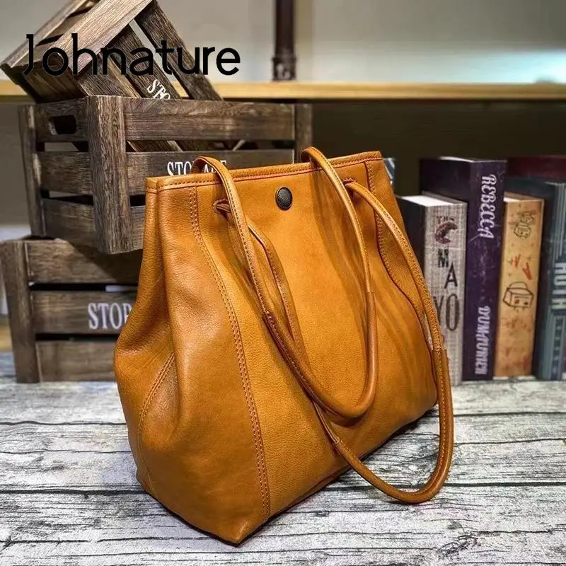 Johnature Simple Genuine Leather Women Bucket Bag 2024 New Large Capacity Commuter Solid Color Soft Cowhide Shoulder Bags