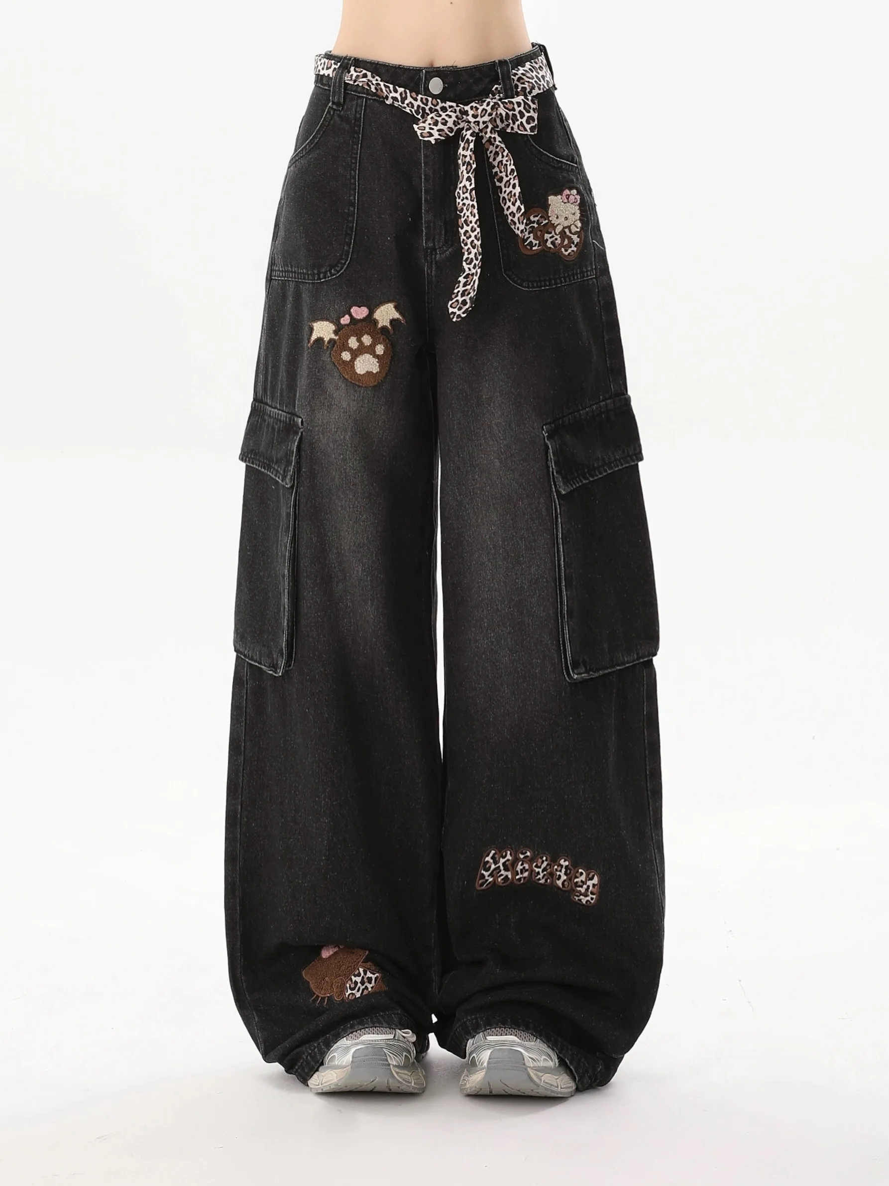 Y2K Leopard Print Cat Patch Jeans Women Retro Embroidered Wide Leg Loose High Street Summer Pants