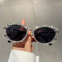 Fashion Vintage Y2K Diamond Sunglasses Women 2024 Luxury Brand Designer Cat Eye Sun Glasses Trending Sexy Ladies Shades UV400