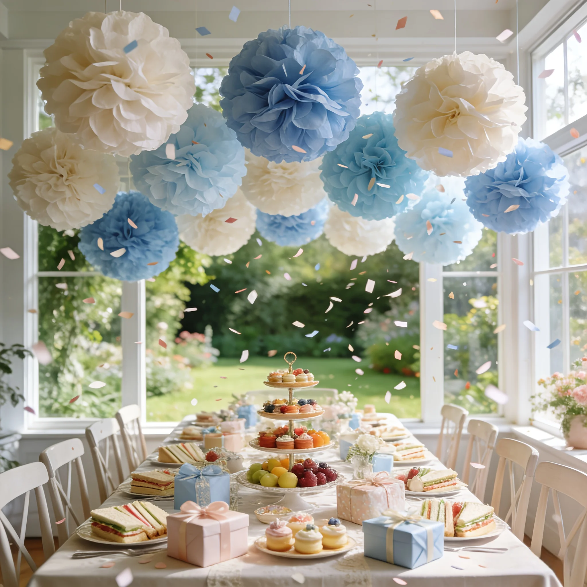 22Pcs Blue Gray Paper Pom Poms Hanging Decor Wedding Birthday Party Supplies