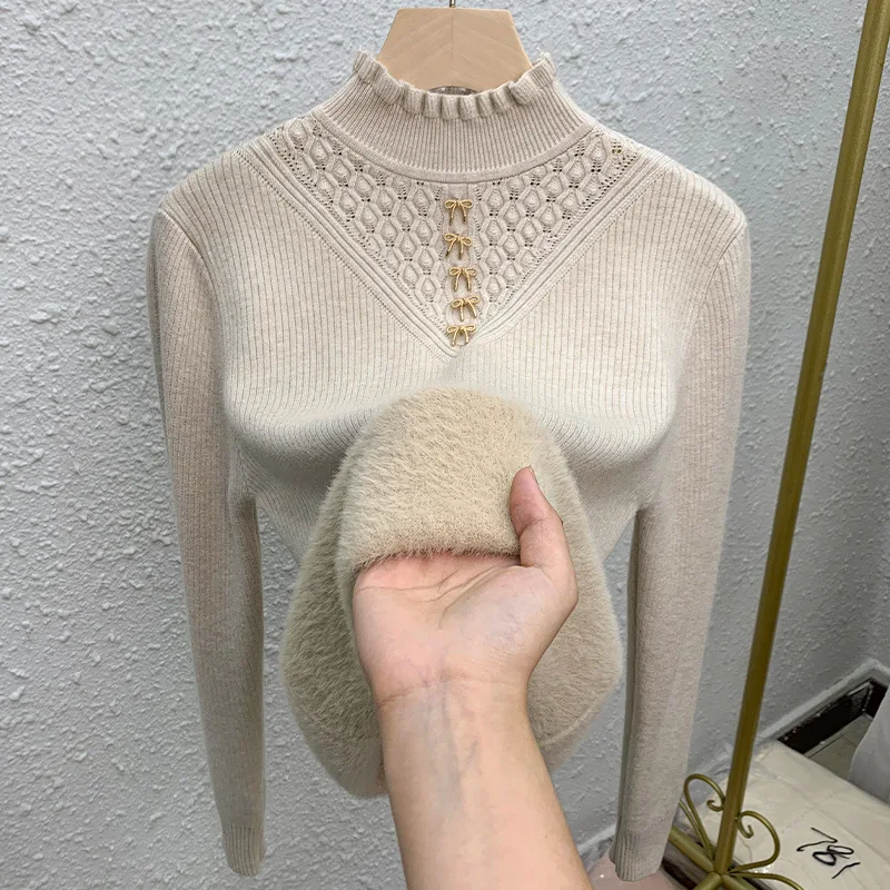 Winter Sweater Women Elegant Thicken Velvet Lined Warm Female Clothing Knitted Pullover Slim Tops 2025 New Women's Sweater