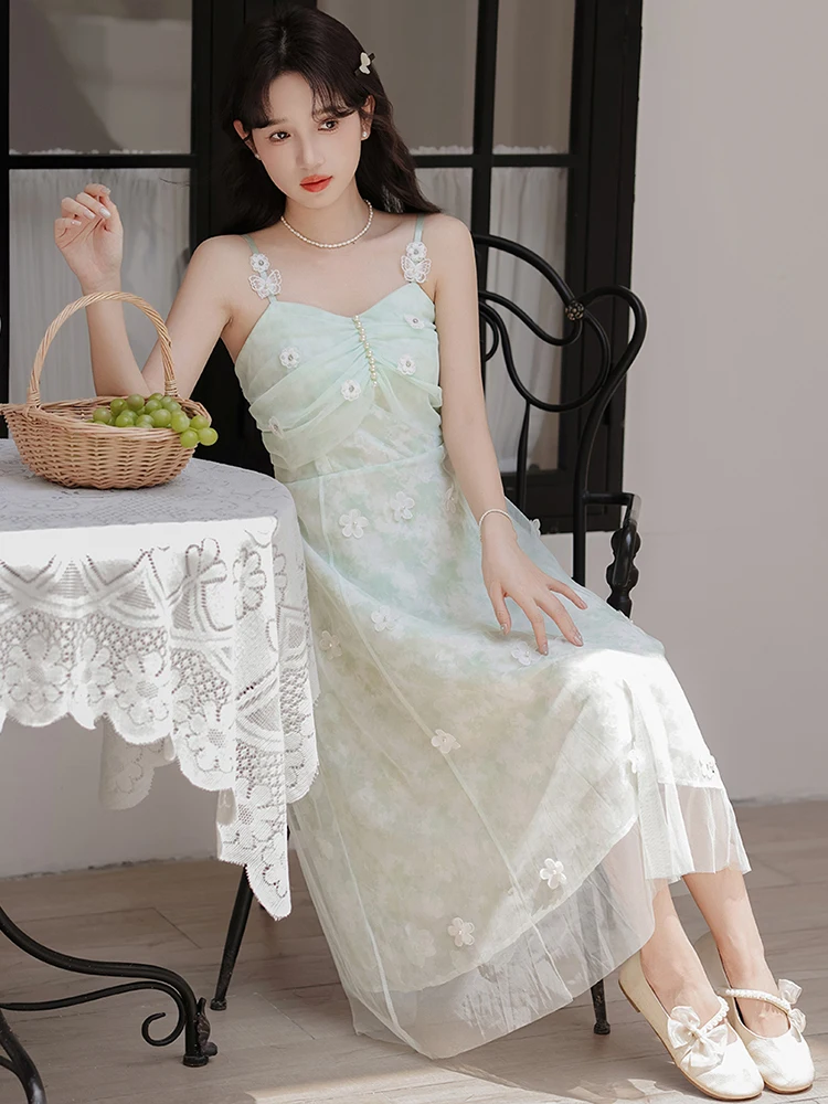 Women Green Floral Chiffon Chic Beading Luxury Sling Dress Summer Elegant Casual Holiday Dress 2025 Korean Fashion Bodycon Dress