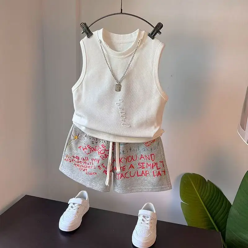 

Children's Summer Clothing Set Boys' Handsome Sleeveless Camisole Vest Boys' Baby Short Sleeved T-shirt +Shorts Two-piece Set