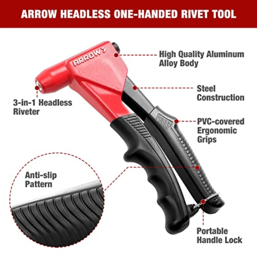 Заклепочный пистолет Arrow 3in1 Одноручный безголовый поп-заклепочный пистолет с 150 шт. Заклепками Профессиональный ручной сверхмощный комплект заклепочного пистолета Witho