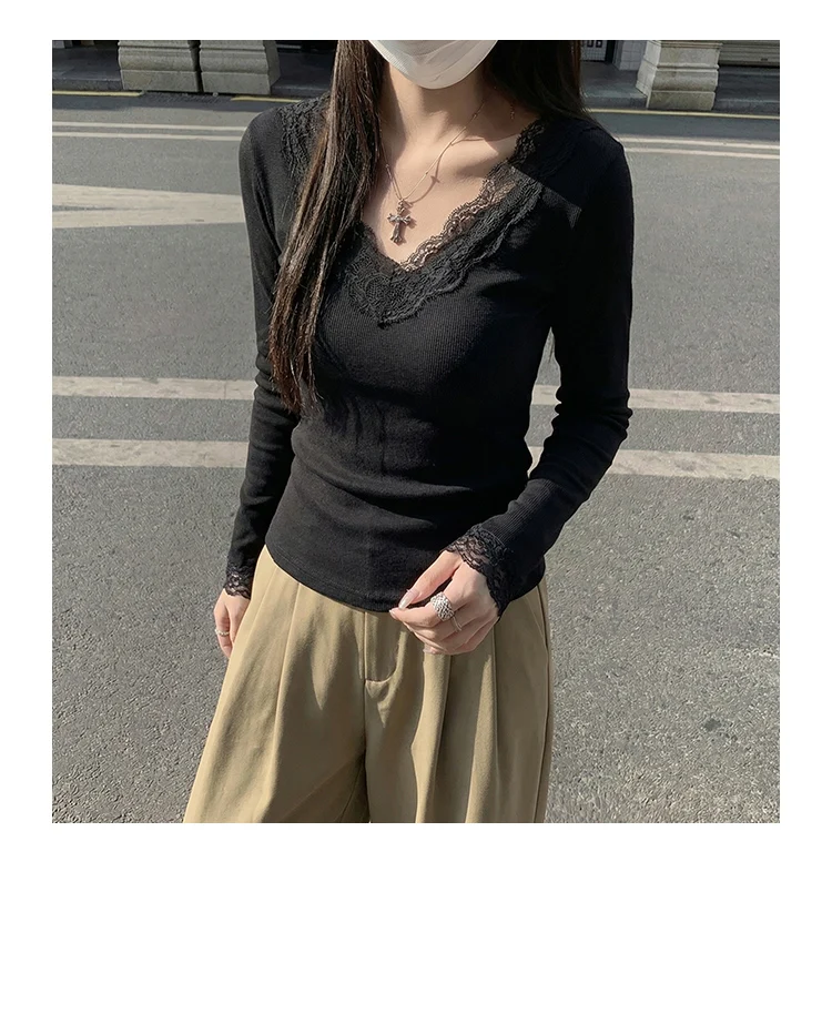 2026 Herbst Winter Damen T-Shirt V-Ausschnitt Spitzen-Top Weich Hautfreundlich Fleece-Gefüttert Langarm Thermo-T-Shirt für Layering – Detail 1