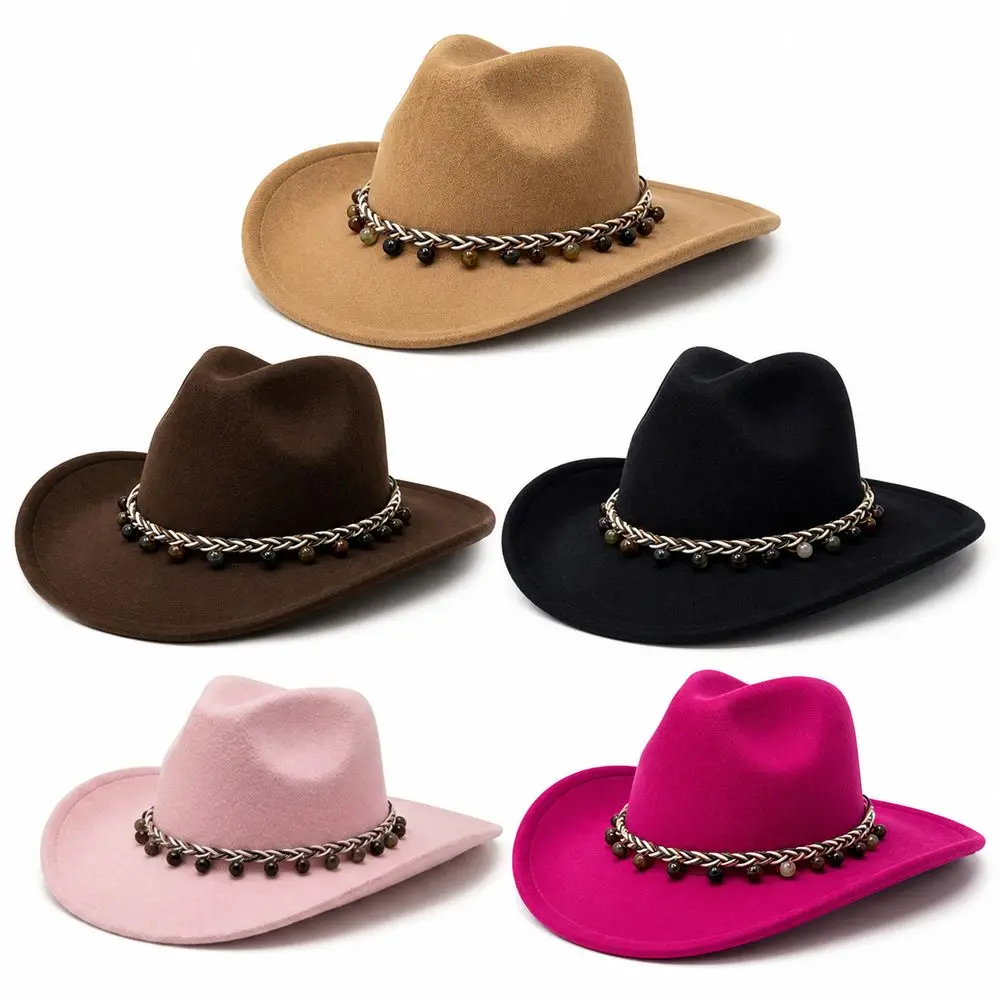 Felt Cowboy Hat Vintage Western Style Decorative Chain Band Fedora Hat Curved Brim Structured Crown Wide Brim Hat