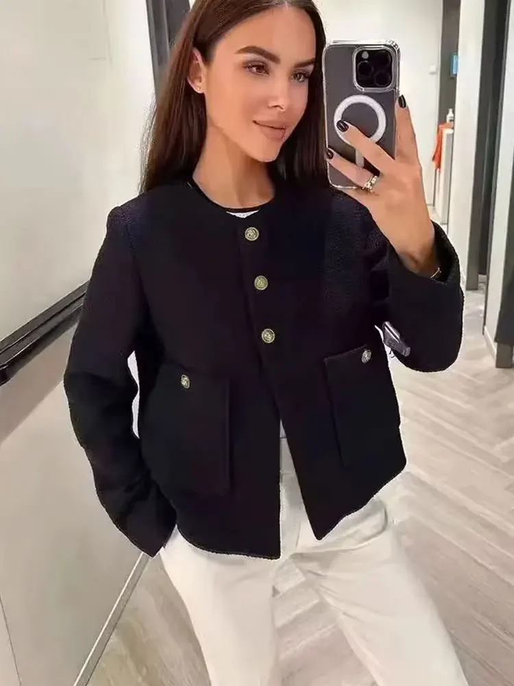 

HH 2024 Elegant Commuting Textured Jackets Office Lady O Neck Long Sleeves Solid With Pockets Buttons Female Vintage Coats