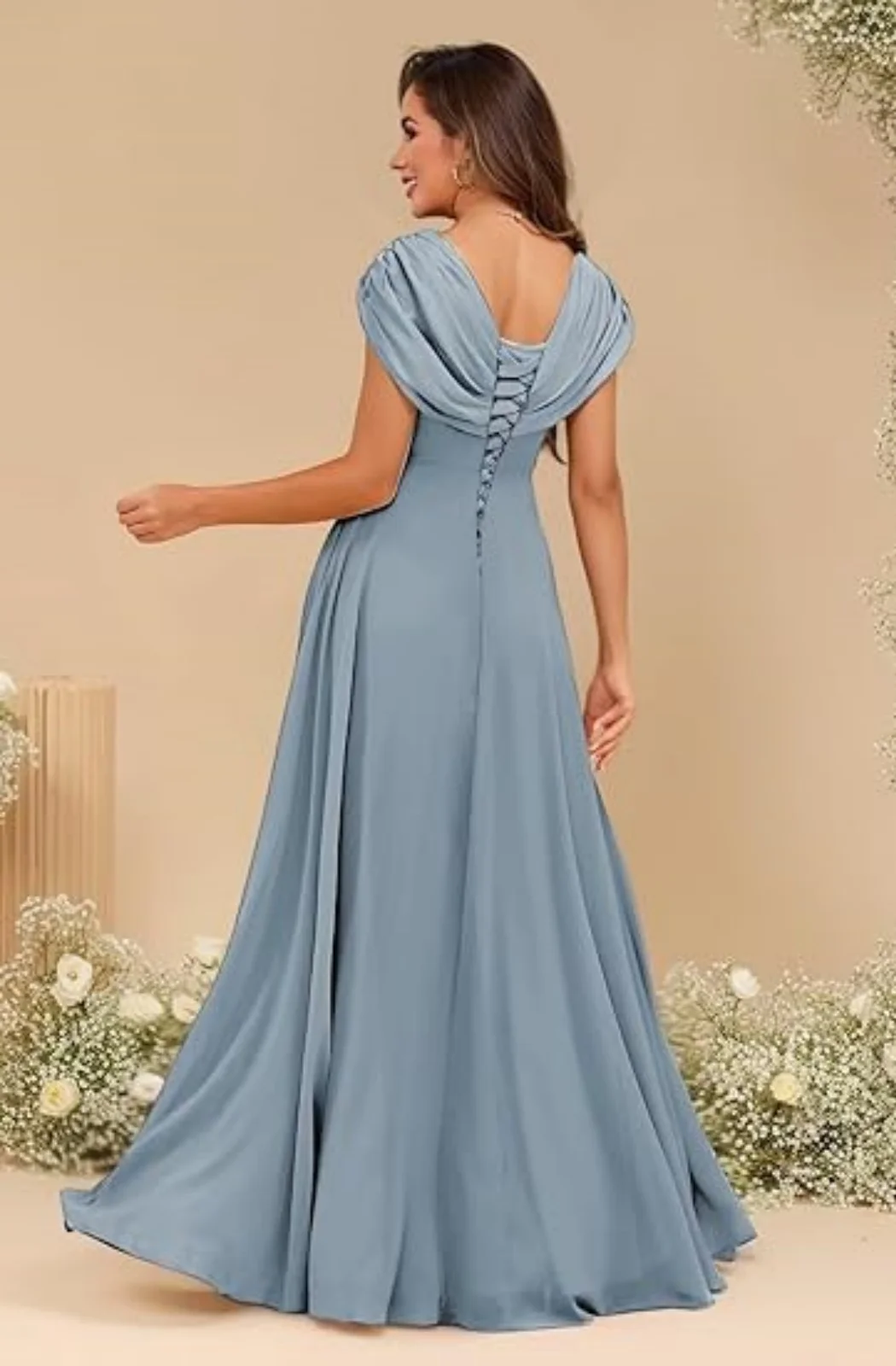 Lace Applique Chiffon Mother Of The Bride Dress – V-Neck Cap Sleeves A-Line Evening Gown For Wedding Mother Of The Bride Chiffon Dress
