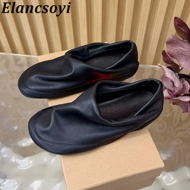 Flat Shoes Women Genuine Leather Pleated Lazy Loafers Round Toe Comfort Single Shoes Spring Autumn Simple Casual Shoes 2025