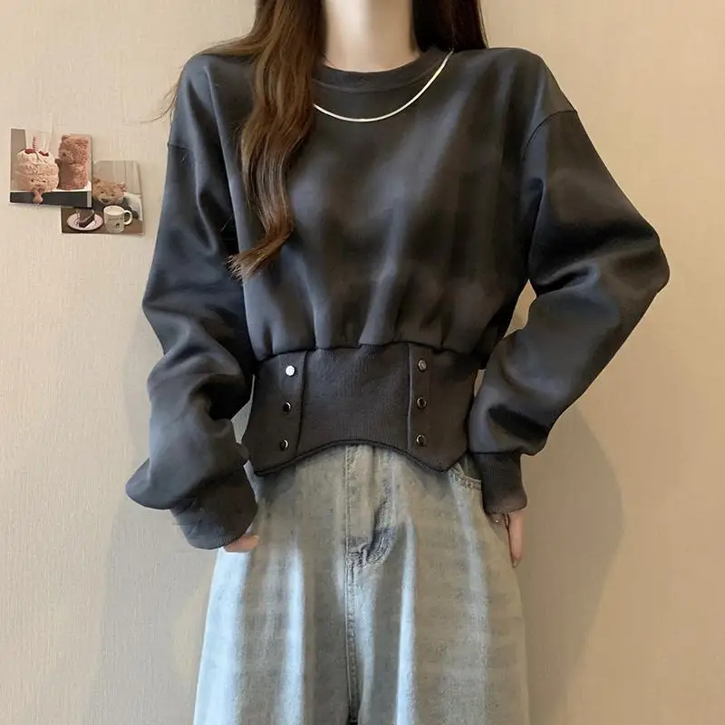 

American Retro Tie Dye Casual Sweatshirt Women's Round Neck Long Sleeve Versatile Pullovers Oversized Irregular Design Crop Tops