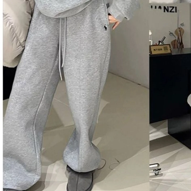 

QWEEK Casual Baggy Women's Grey Sweatpants Korean Fashion Basic Sports Wide Leg Pants Joggers Street Autumn Thick Trousers