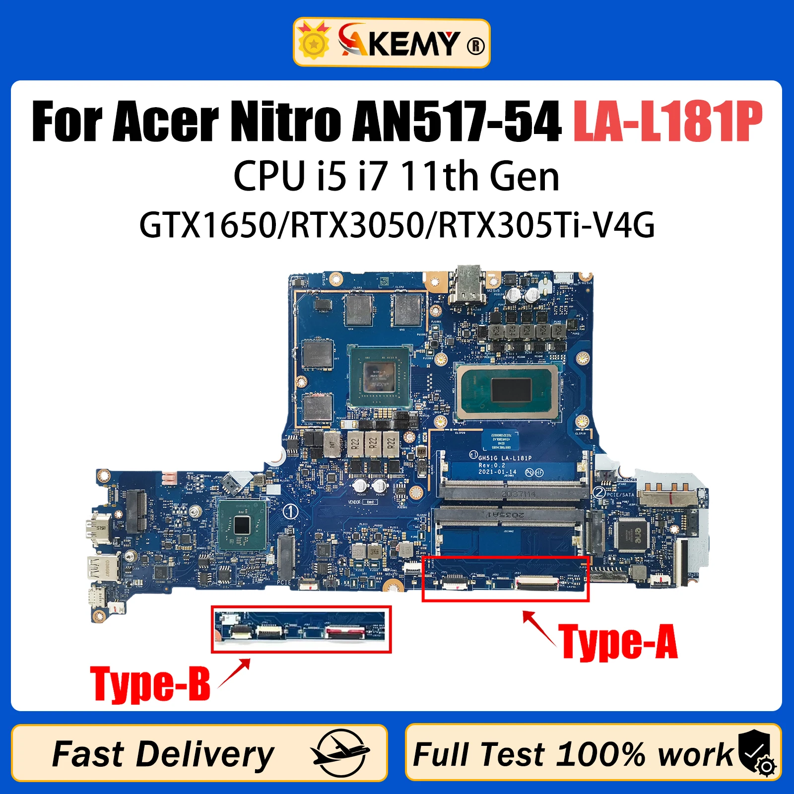 AKEMY GH51G LA-L181P For Acer Nitro AN517-54 AN515-57 Laptop Motherboard NBQET11003 With i5 i7 11th CPU GTX1650/RTX3050/TI V4G