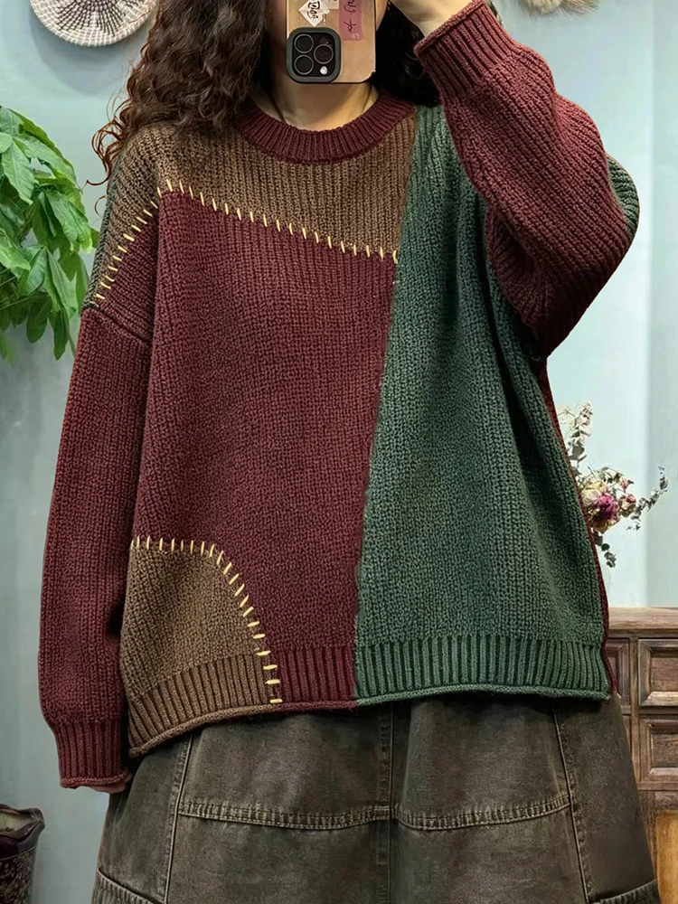 Amax LuluE Autumn Ladies Vintage Knitted Pullover Fashion Big Size Sweaters Womens Leisure Loose Embroidery Warm O Neck Jumpers view 4