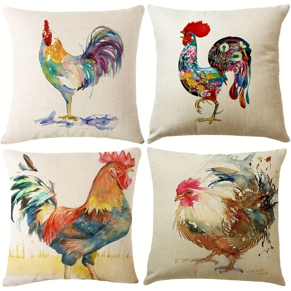 1pc Vibrant Watercolor Rooster Decorative Pillowcase - Soft Linen Material, Rural Farmhouse Style, Featherless Design