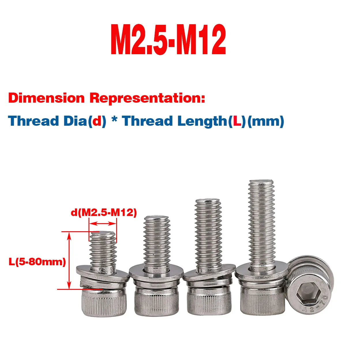 304 SS Cup Head Hex Socket Screw, Spring Washer, Flat Gasket Set M2.5 M3 M4 M5 M6 M8 M10 M12