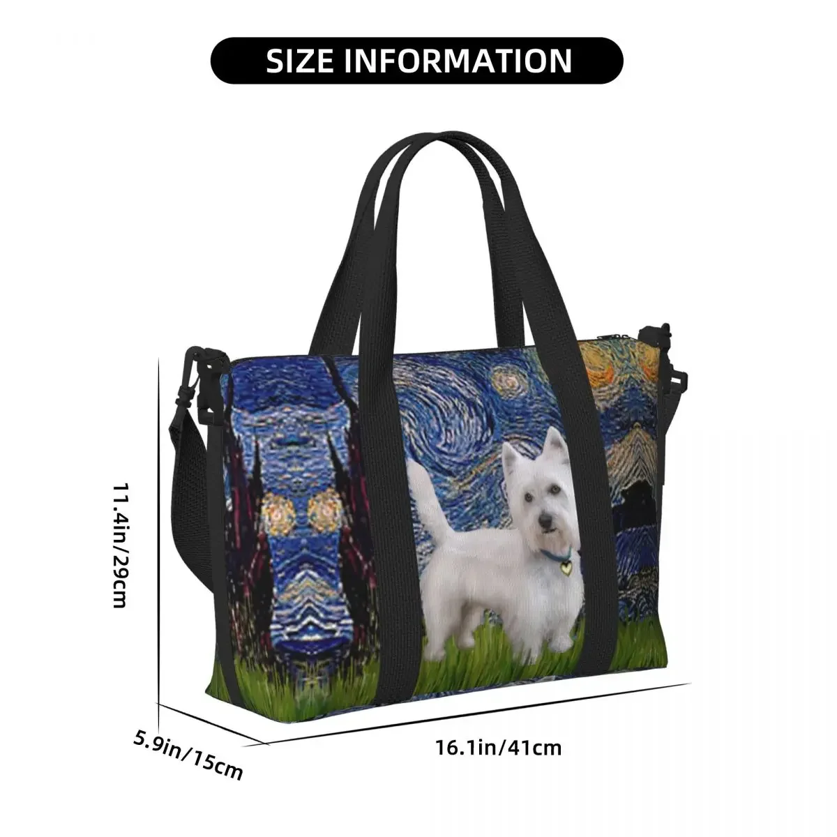 مخصص ليلة مرصعة بالنجوم ويست هايلاند جحر حمل حقيبة المرأة سعة كبيرة Westie الكلب فان جوخ الفن رياضة الشاطئ الكتف حقيبة سفر