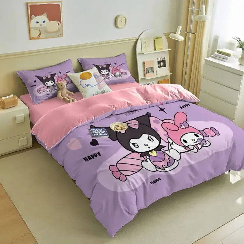 100% Cotton Cute Kuromi Four-piece Cotton Bed Sheet Quilt Cover Pillowcase Children's Bedding 3-piece Set Sanrio Series