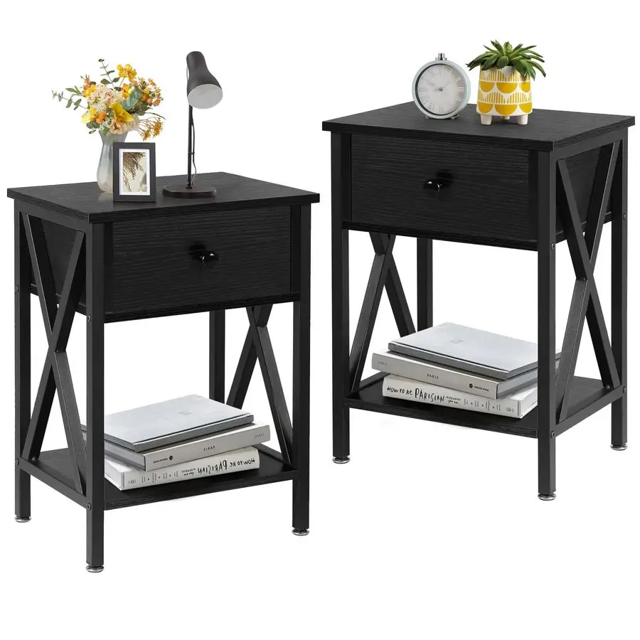 

Nightstands Set of 2, Modern Bedside End Tables, Night Stands with Drawer and Storage Shelf for Living Room Bedroom, Industrial