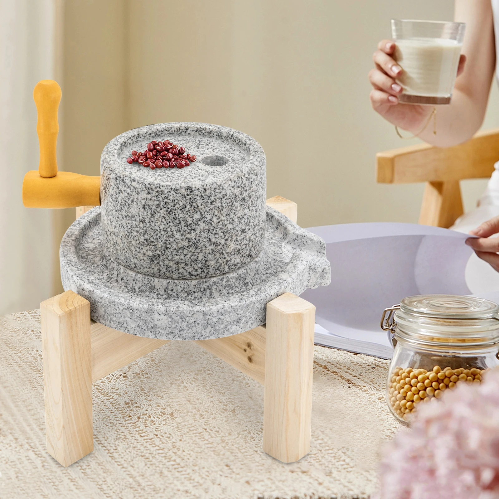

Natural Hemp Stone Paste Mill, Hand Stone Mill, Dry/Wet Mill, Hand Wet Grain Mill with Wooden Frame for Bean, Barley, Spice