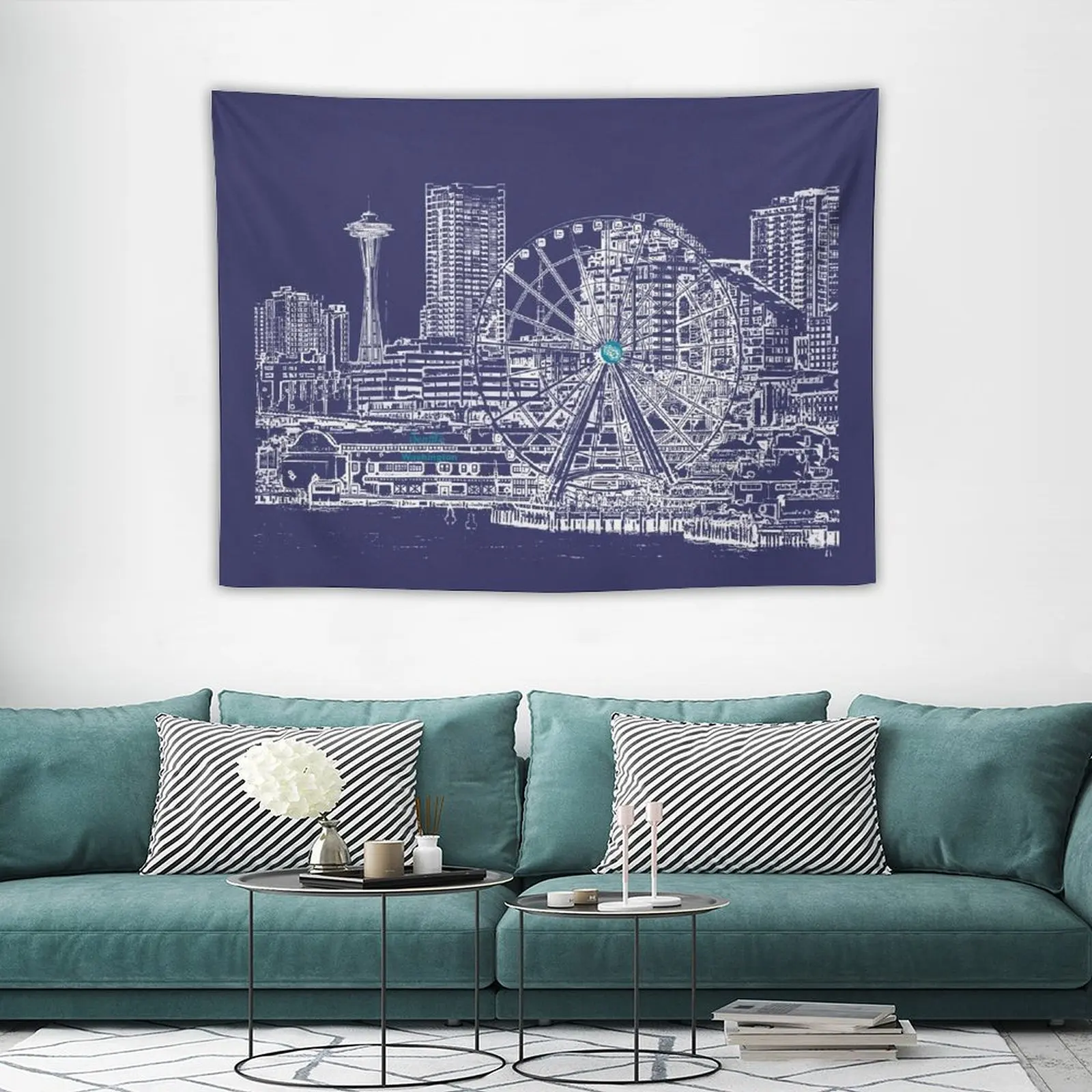 Сиэтл, Вашингтон, США - Downtown Seattle Waterfront - Гобелен Landmarks Сиэтл Декор для спальни Эстетический гобелен