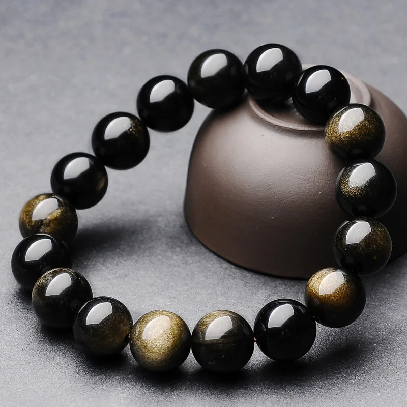 Natural First-Class 5A Eye Effect Gold Obsidian Buddha Beads Men's Bracelet