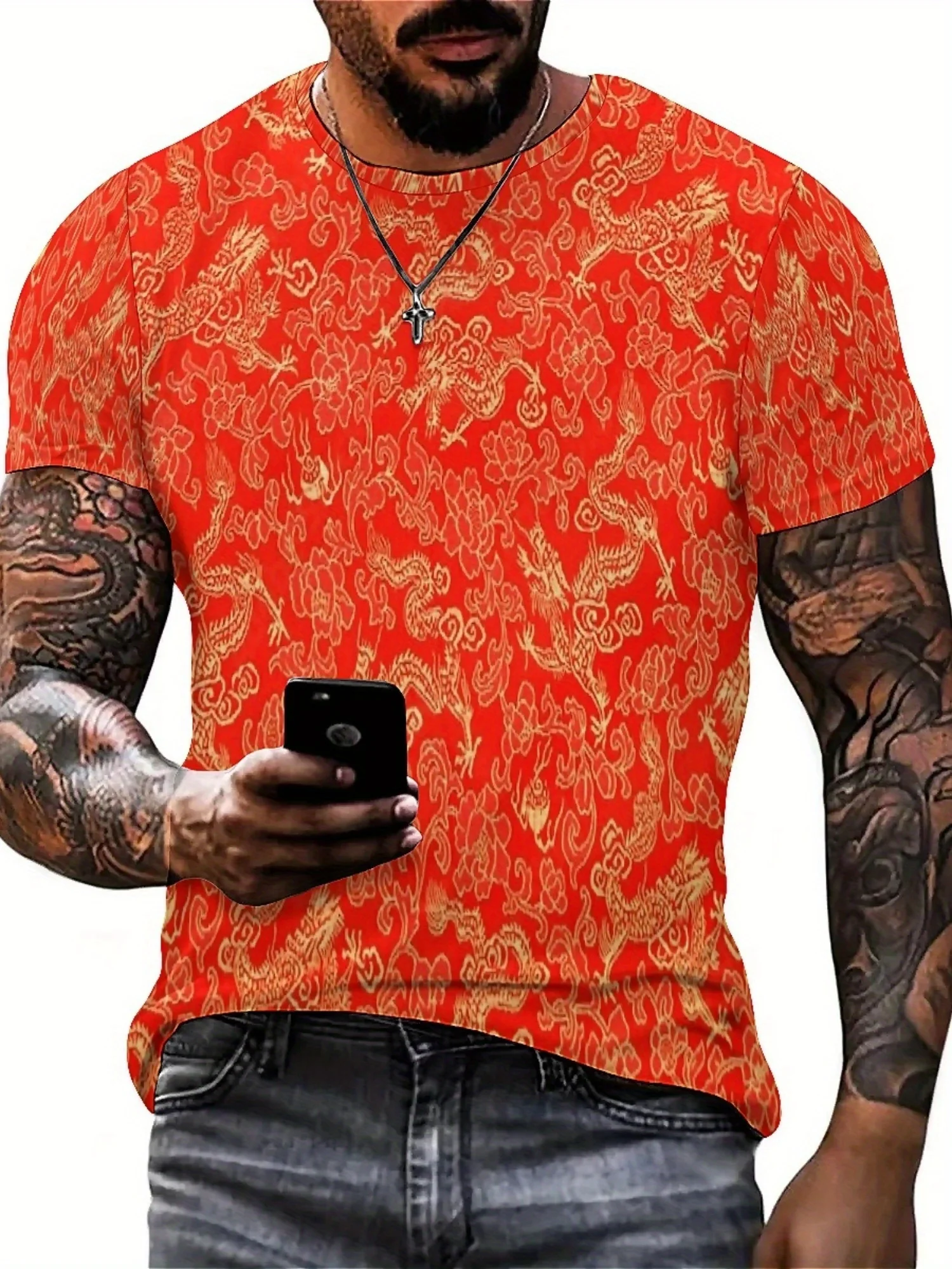 Męska koszulka letnia z nadrukiem 3D smoka i kwiatów - czerwona koszulka z krótkim rękawem i złotym i pomarańczowym wzorem, sportowy okrągły dekolt