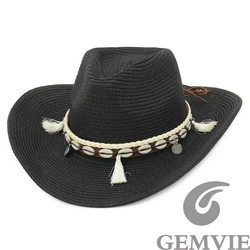 GEMVIE 2022 Shell Quasten Cowgirl Sommer Hut Stroh Hut für Frauen Männer Western Cowboy Hut Dame Trendy Woven Sonne Hut strand Kappe