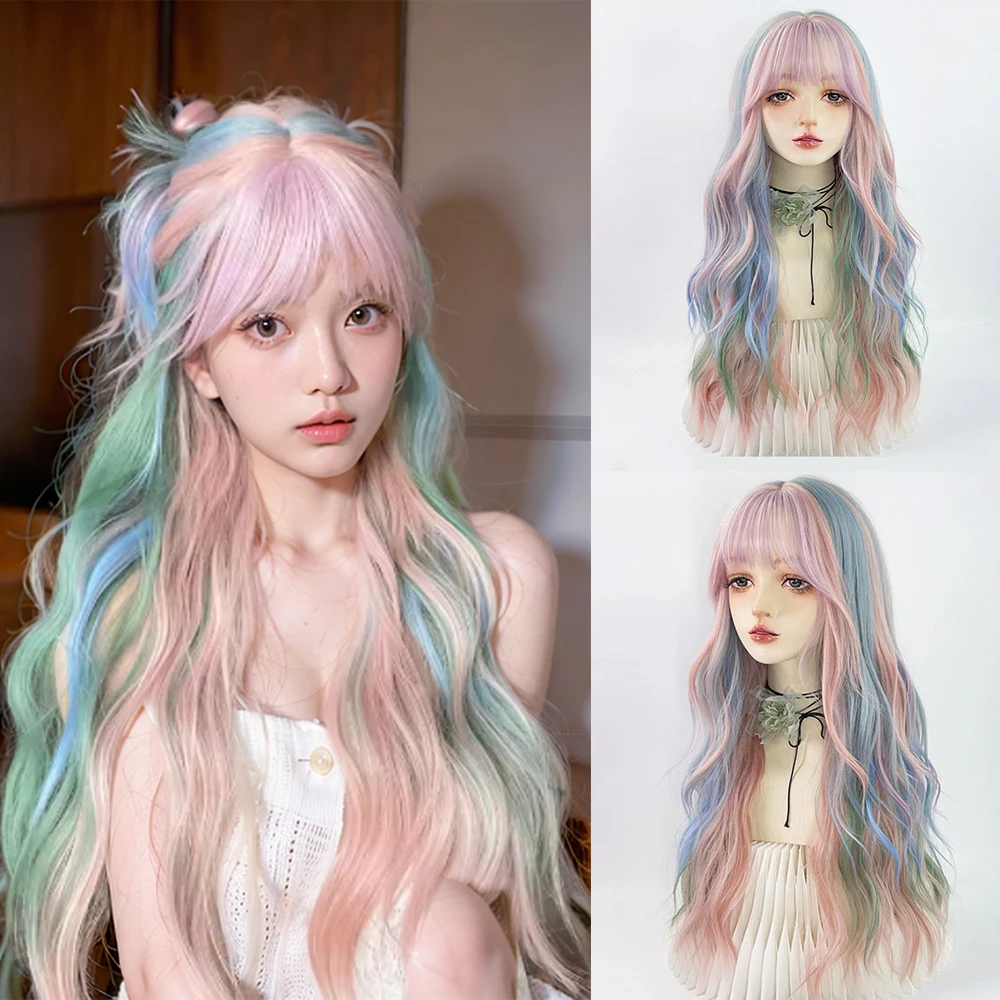 

Synthetic Wigs Long Curly Wave Rainbow Mixed Pink Blue Wigs with Bangs For Women Cosplay Lolita Hallowen Party Wear Wig