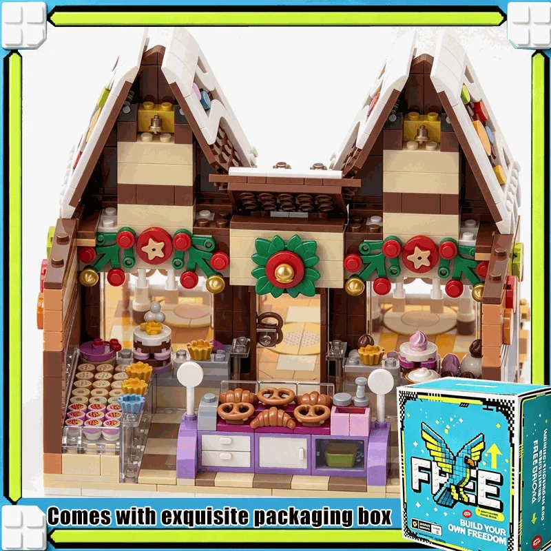 1913PCS Winter Village Pastry Shop Sweet Bakery Modular Building Blocks Model Custom Puzzle Architecture DIY Assembly Toy Gift