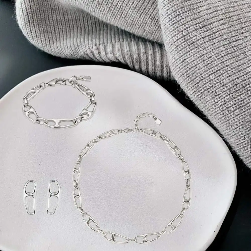 2025 autumn hip-hop rock style gold and silver hollow geometric earrings necklace jewelry three piece set neutral gift