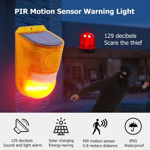 Rechargeable LED Solar Security Light Alarm for Home Emergency with PIR Motion Sensor Warning Light 129 Decibels Alert