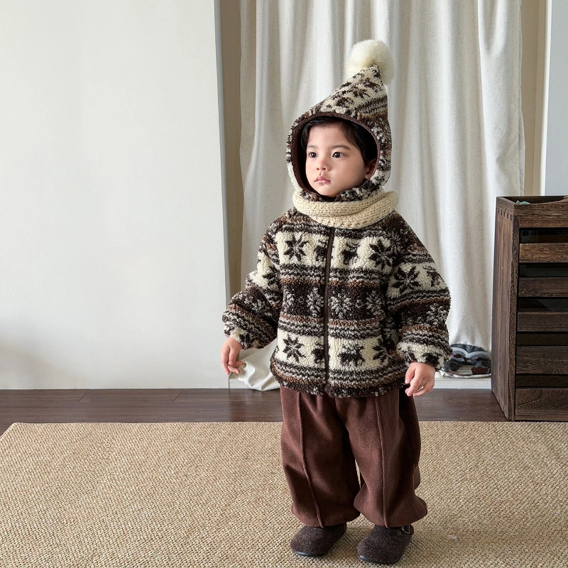 

2025 New Hot Selling Winter Clothing with Thick Fel Island Children's Lamb Wool Coat and Pants Two Piece Set