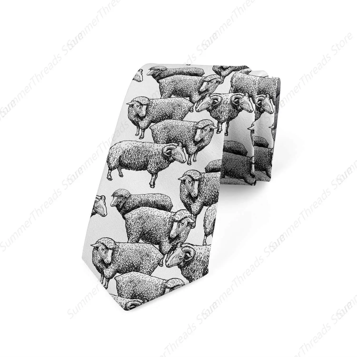 

Men's Tie, Vintage Sketch Sheep White and Black